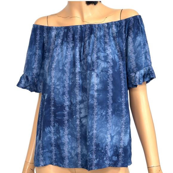 Boho Peasant Off Shoulder Blouse M Blue Tie Dye Embroidered Eyelet Hippie Beachy - Picture 1 of 9